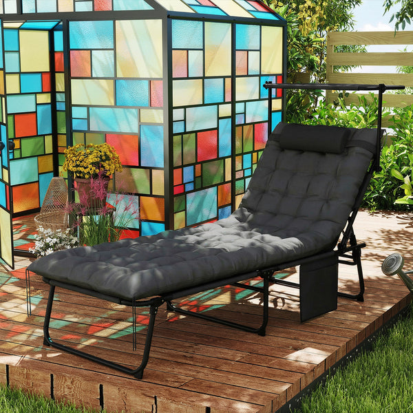 Folding Chaise Lounge Chair with Cushion and Adjustable Sun Shade, 4-Position Adjustable Outdoor Lounge Chair with Headrest, Sun Lounger with Cushion for Porch, Dark Grey