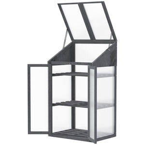 Wooden Cold Frame Polycarbonate Greenhouse with Openable Top Cover and Double Door, Grow House for Flower, Vegetable and Plants, 70 x 50 x 120cm, Grey