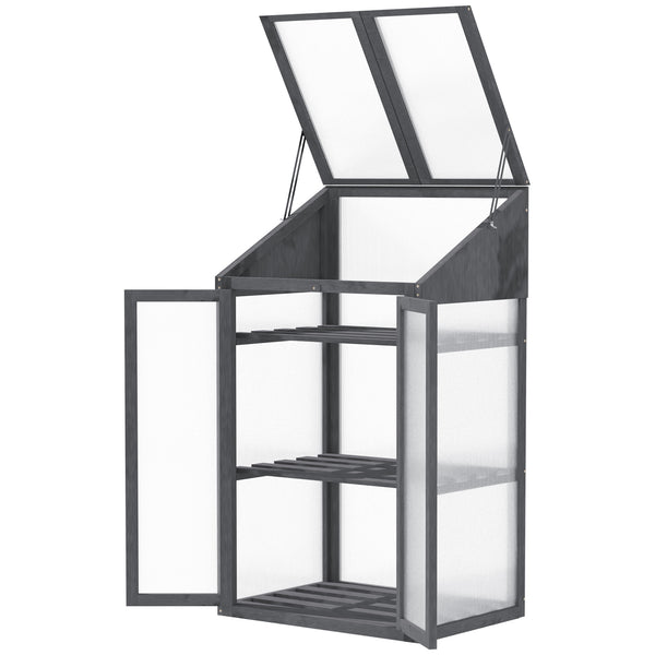 Wooden Cold Frame Polycarbonate Greenhouse with Openable Top Cover and Double Door, Grow House for Flower, Vegetable and Plants, 70 x 50 x 120cm, Grey