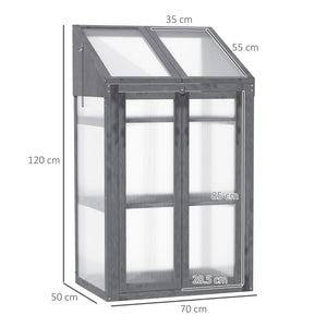 Wooden Cold Frame Polycarbonate Greenhouse with Openable Top Cover and Double Door, Grow House for Flower, Vegetable and Plants, 70 x 50 x 120cm, Grey
