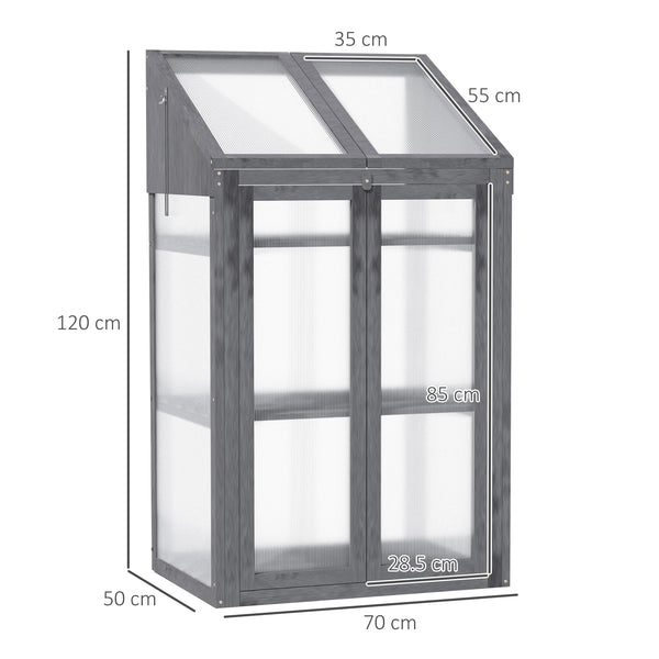 Wooden Cold Frame Polycarbonate Greenhouse with Openable Top Cover and Double Door, Grow House for Flower, Vegetable and Plants, 70 x 50 x 120cm, Grey