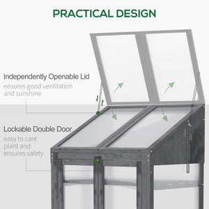 Wooden Cold Frame Polycarbonate Greenhouse with Openable Top Cover and Double Door, Grow House for Flower, Vegetable and Plants, 70 x 50 x 120cm, Grey