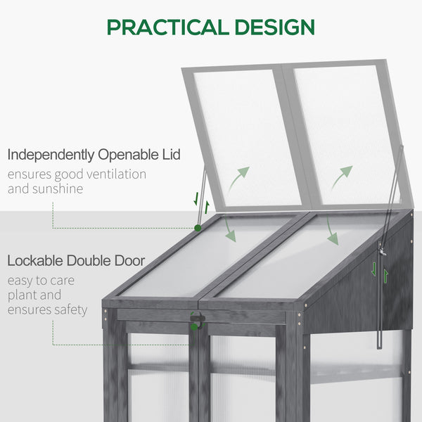 Wooden Cold Frame Polycarbonate Greenhouse with Openable Top Cover and Double Door, Grow House for Flower, Vegetable and Plants, 70 x 50 x 120cm, Grey