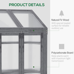 Wooden Cold Frame Polycarbonate Greenhouse with Openable Top Cover and Double Door, Grow House for Flower, Vegetable and Plants, 70 x 50 x 120cm, Grey