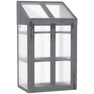 Wooden Cold Frame Polycarbonate Greenhouse with Openable Top Cover and Double Door, Grow House for Flower, Vegetable and Plants, 70 x 50 x 120cm, Grey