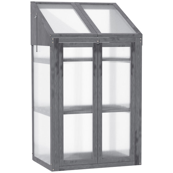 Wooden Cold Frame Polycarbonate Greenhouse with Openable Top Cover and Double Door, Grow House for Flower, Vegetable and Plants, 70 x 50 x 120cm, Grey