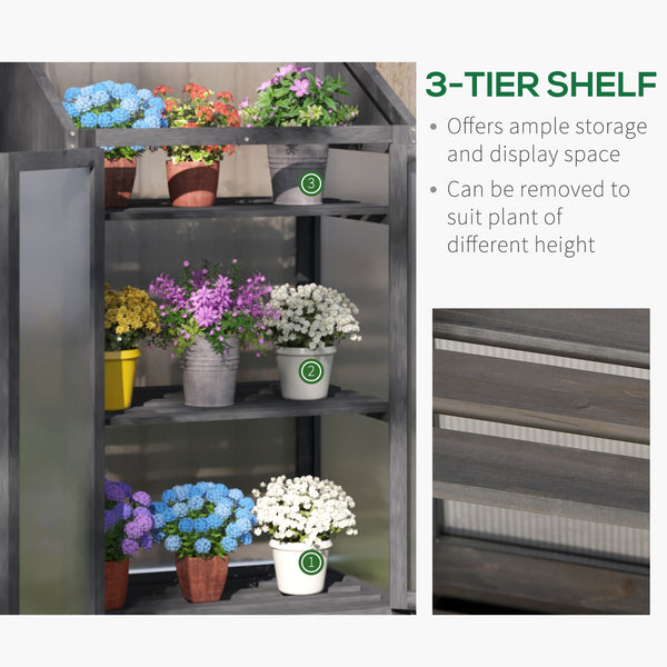 Wooden Cold Frame Polycarbonate Greenhouse with Openable Top Cover and Double Door, Grow House for Flower, Vegetable and Plants, 70 x 50 x 120cm, Grey