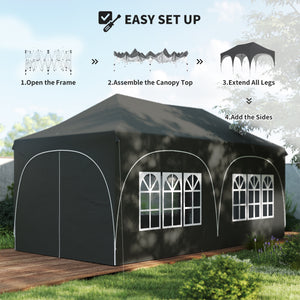 3 x 6m Pop Up Gazebo with Sides, 6 Sandbags, Peak Top Height Adjustable Outdoor Garden Party Tent Marquee Wedding Awning Canopy Instant Event Shelter with Carry Bag, Windows, Dark Grey