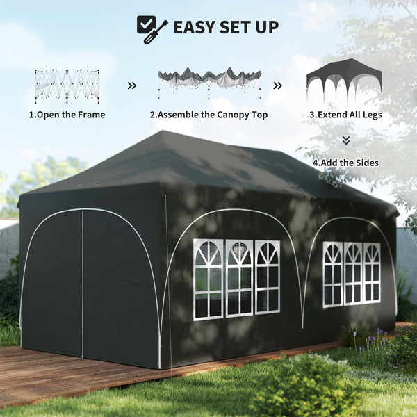 3 x 6m Pop Up Gazebo with Sides, 6 Sandbags, Peak Top Height Adjustable Outdoor Garden Party Tent Marquee Wedding Awning Canopy Instant Event Shelter with Carry Bag, Windows, Dark Grey