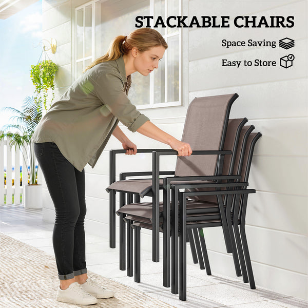 5 Pieces Garden Dining Set for 4, Patio Table and Stackable Chairs with Breathable Mesh Seat and Parasol Hole, Garden Furniture Set with Steel Frame for Garden, Grey and Khaki
