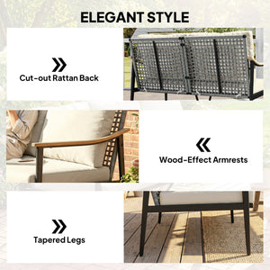 2 Seater Rattan Sofa, Outdoor Garden Sofa with Wood-Effect Armrests, PE Rattan Garden Furniture with Cushions, Steel Frame for Porch, Patio, Balcony, Khaki