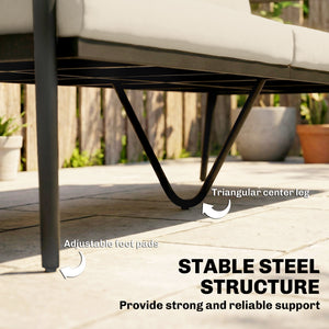 2 Seater Rattan Sofa, Outdoor Garden Sofa with Wood-Effect Armrests, PE Rattan Garden Furniture with Cushions, Steel Frame for Porch, Patio, Balcony, Khaki