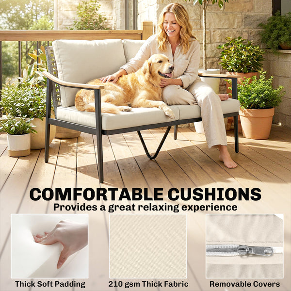 2 Seater Rattan Sofa, Outdoor Garden Sofa with Wood-Effect Armrests, PE Rattan Garden Furniture with Cushions, Steel Frame for Porch, Patio, Balcony, Khaki