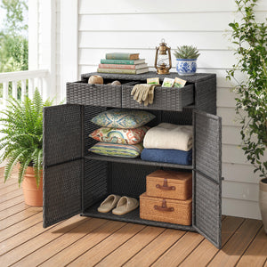 Wicker Outdoor Storage Cabinet, Double Door Patio Storage Cabinet with 2 Drawers and 2-Tier Shelves, PE Rattan Towel Rack Outdoor for Pool Garden Yard, Dark Grey