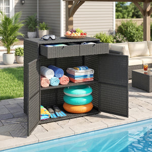 Wicker Outdoor Storage Cabinet, Double Door Patio Storage Cabinet with 2 Drawers and 2-Tier Shelves, PE Rattan Towel Rack Outdoor for Pool Garden Yard, Dark Grey