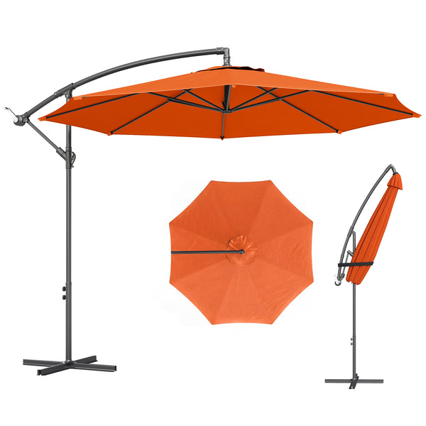 3(m) Garden Banana Parasol Hanging Cantilever Umbrella with Crank Handle, 8 Ribs and Cross Base for Outdoor, Sun Shade, Orange