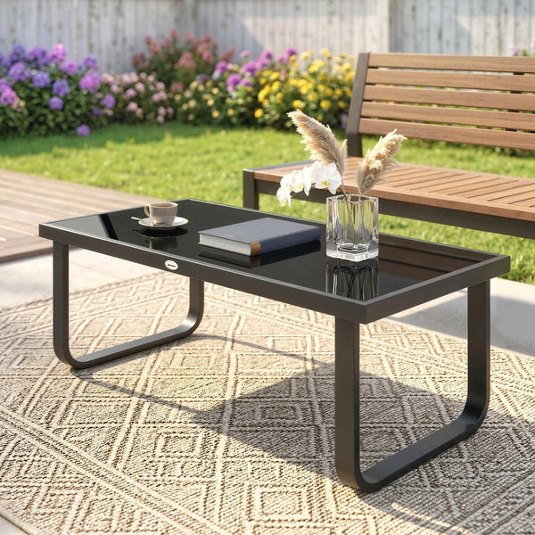 Metal Garden Coffee Table, Outdoor Rectangle Side Table with Tempered Glass Tabletop and Adjustable Foot Pads for Terrace, Balcony, Patio, 90 x 45 x 33 cm, Black