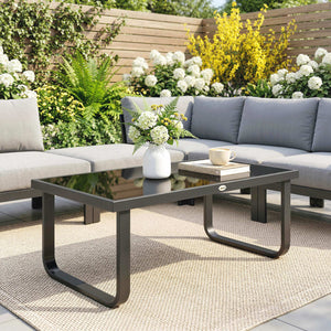 Metal Garden Coffee Table, Outdoor Rectangle Side Table with Tempered Glass Tabletop and Adjustable Foot Pads for Terrace, Balcony, Patio, 90 x 45 x 33 cm, Black