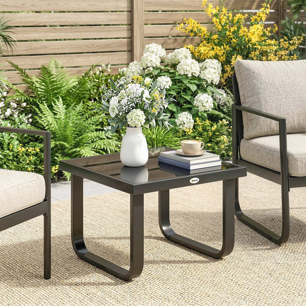 Metal Garden Coffee Table, Outdoor Rectangle Side Table with Tempered Glass Tabletop and Adjustable Foot Pads for Terrace, Balcony, Patio, 45 x 45 x 33 cm, Black