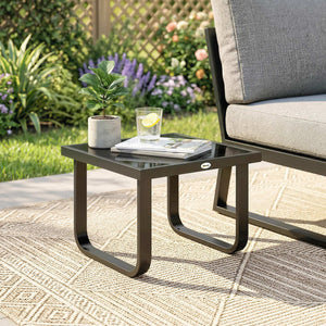 Metal Garden Coffee Table, Outdoor Rectangle Side Table with Tempered Glass Tabletop and Adjustable Foot Pads for Terrace, Balcony, Patio, 45 x 45 x 33 cm, Black