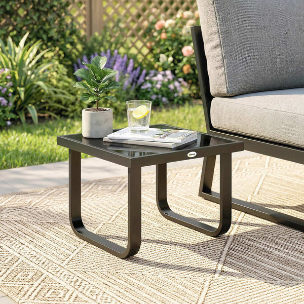 Metal Garden Coffee Table, Outdoor Rectangle Side Table with Tempered Glass Tabletop and Adjustable Foot Pads for Terrace, Balcony, Patio, 45 x 45 x 33 cm, Black