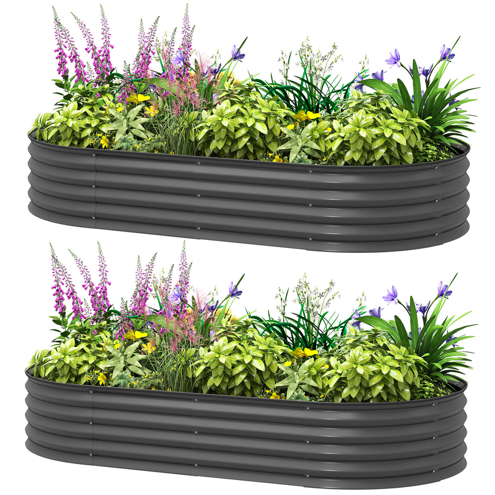 Set of 2 Raised Beds for Garden, Outdoor Galvanised Planter Box with Plant Support Stakes, Rubber Strap Edging and Bottomless for Flower, Vegetable, 181 x 93 x 30 cm, Dark Grey