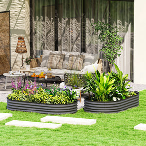 Set of 2 Raised Beds for Garden, Outdoor Galvanised Planter Box with Plant Support Stakes, Rubber Strap Edging and Bottomless for Flower, Vegetable, 181 x 93 x 30 cm, Dark Grey