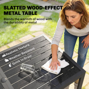 7 Pieces Garden Dining Set, Garden Table and Chairs Set 6 with Faux Rattan Stackable Chairs, Wood Effect Metal Top Table, Umbrella Hole, Outdoor Furniture for Patio Porch Terrace, Black