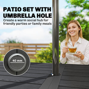 7 Pieces Garden Dining Set, Garden Table and Chairs Set 6 with Faux Rattan Stackable Chairs, Wood Effect Metal Top Table, Umbrella Hole, Outdoor Furniture for Patio Porch Terrace, Black