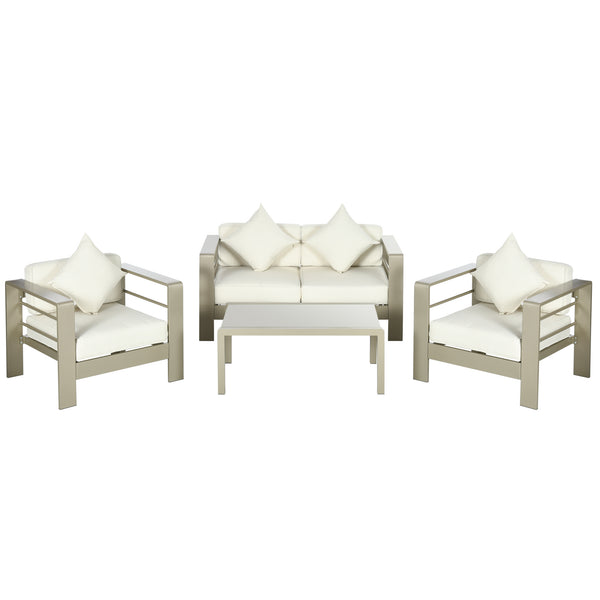 4 Pieces Outdoor Garden Furniture Set, Aluminium Frame Backyard Furniture w/ Thick Padded Cushioned Loveseat, 2 Chairs, and Glass Top Table, Champagne Gold