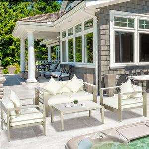 4 Pieces Outdoor Garden Furniture Set, Aluminium Frame Backyard Furniture w/ Thick Padded Cushioned Loveseat, 2 Chairs, and Glass Top Table, Champagne Gold