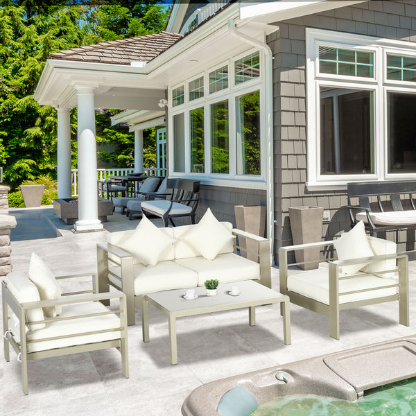 4 Pieces Outdoor Garden Furniture Set, Aluminium Frame Backyard Furniture w/ Thick Padded Cushioned Loveseat, 2 Chairs, and Glass Top Table, Champagne Gold