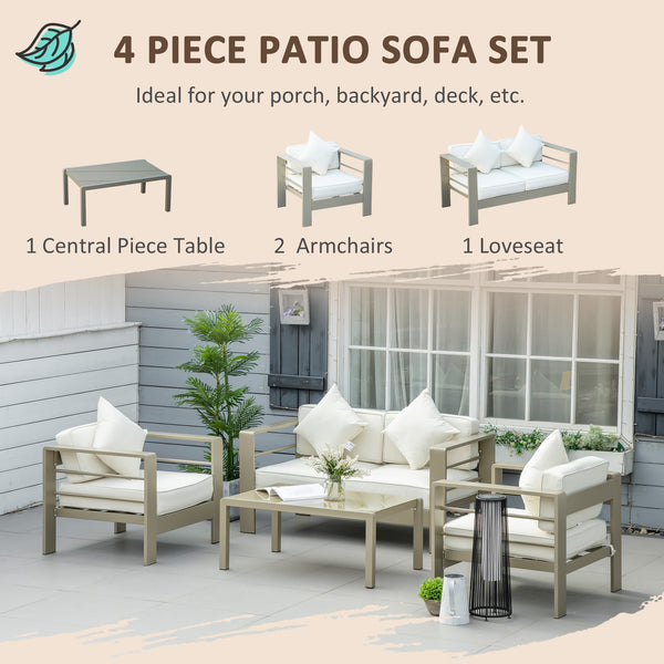 4 Pieces Outdoor Garden Furniture Set, Aluminium Frame Backyard Furniture w/ Thick Padded Cushioned Loveseat, 2 Chairs, and Glass Top Table, Champagne Gold