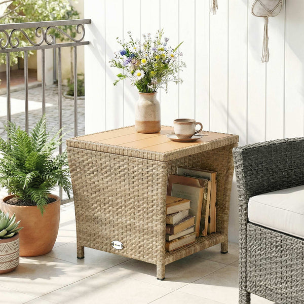 2-Tier PE Rattan Side Table with Storage Shelf, Square Outdoor Coffee Table with PS Wood Slat Top, UV-Resistant for Patio, Garden, Balcony, Khaki