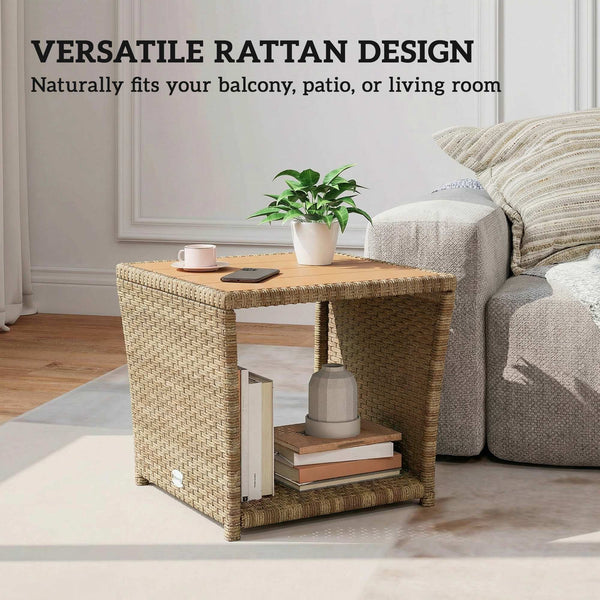 2-Tier PE Rattan Side Table with Storage Shelf, Square Outdoor Coffee Table with PS Wood Slat Top, UV-Resistant for Patio, Garden, Balcony, Khaki