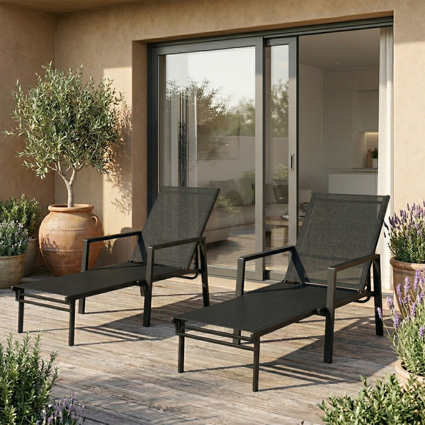 Sun Loungers Set of 2 with Retractable Footrest, 5-Position Adjustable Reclining Garden Lounger, Garden Chaise Lounge Sunbed Recliner Chair w/ Steel Frame for Beach, Porch, Patio, Black