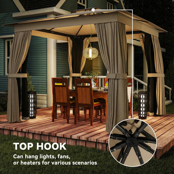 10' x 10' Outdoor Patio Gazebo, Soft Top Gazebo Canopy Shelter with Double Roof, Curtains, Netting, Steel Frame, UPF30+ Protection, Ceiling Hook for Lawn, Backyard, Deck, Khaki