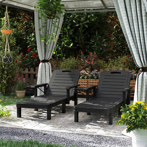 Set of 2 Resin Reclining Sun Loungers for Garden, 5 Positions Adjustable Outdoor Chaise Lounge Chair with Wood Texture Surface, Armrests, Foldable Side Table for Garden, Beach, Black