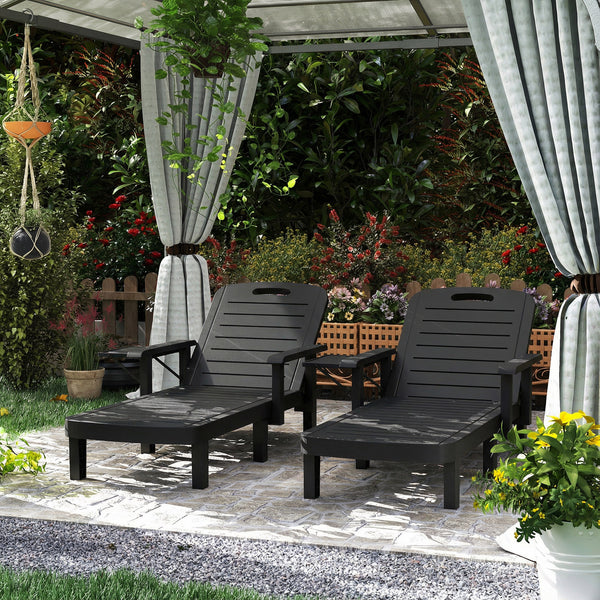 Set of 2 Resin Reclining Sun Loungers for Garden, 5 Positions Adjustable Outdoor Chaise Lounge Chair with Wood Texture Surface, Armrests, Foldable Side Table for Garden, Beach, Black
