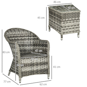 3 Pieces Rattan Bistro Set, Wicker Garden Bistro Set, Glass Top Balcony Table and Chairs with Cushions for Outdoor, Patio, Balcony, Grey
