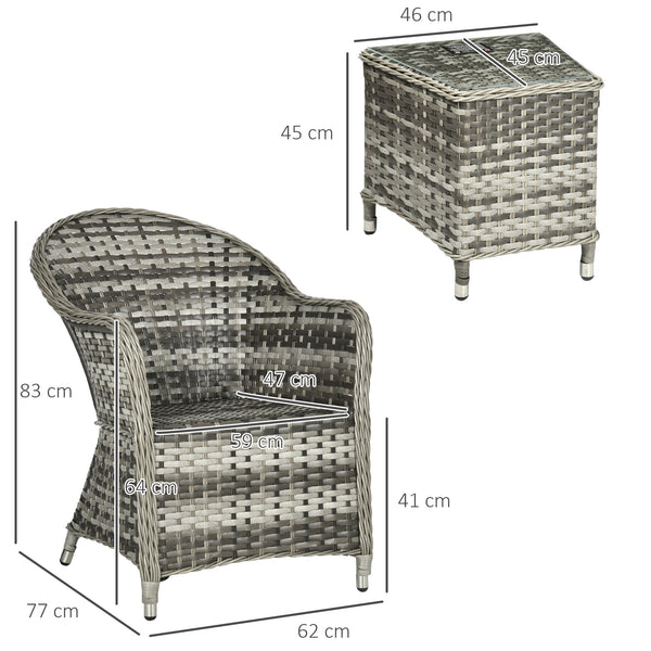 3 Pieces Rattan Bistro Set, Wicker Garden Bistro Set, Glass Top Balcony Table and Chairs with Cushions for Outdoor, Patio, Balcony, Grey