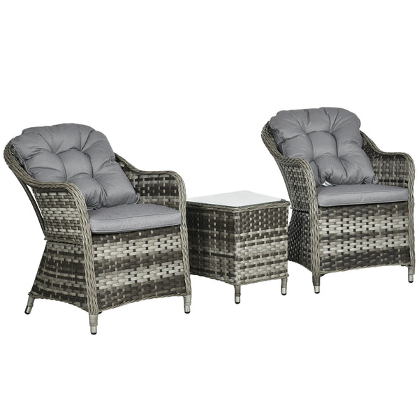 3 Pieces Rattan Bistro Set, Wicker Garden Bistro Set, Glass Top Balcony Table and Chairs with Cushions for Outdoor, Patio, Balcony, Grey