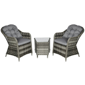 3 Pieces Rattan Bistro Set, Wicker Garden Bistro Set, Glass Top Balcony Table and Chairs with Cushions for Outdoor, Patio, Balcony, Grey
