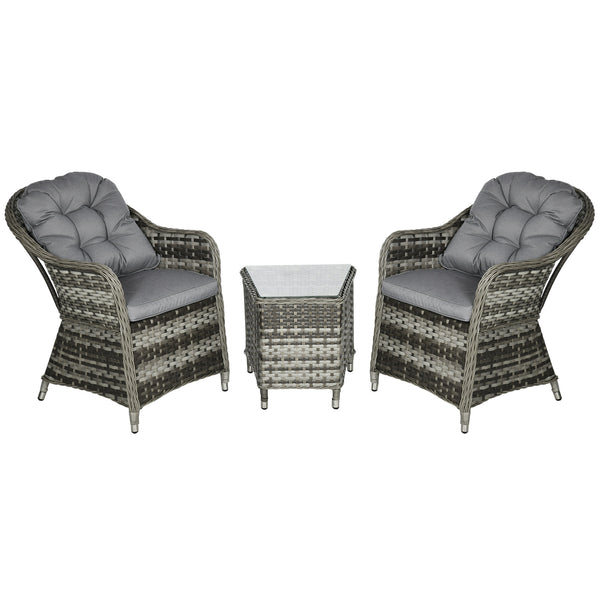 3 Pieces Rattan Bistro Set, Wicker Garden Bistro Set, Glass Top Balcony Table and Chairs with Cushions for Outdoor, Patio, Balcony, Grey