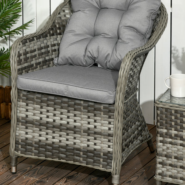 3 Pieces Rattan Bistro Set, Wicker Garden Bistro Set, Glass Top Balcony Table and Chairs with Cushions for Outdoor, Patio, Balcony, Grey