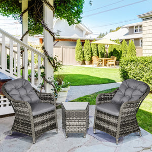 3 Pieces Rattan Bistro Set, Wicker Garden Bistro Set, Glass Top Balcony Table and Chairs with Cushions for Outdoor, Patio, Balcony, Grey