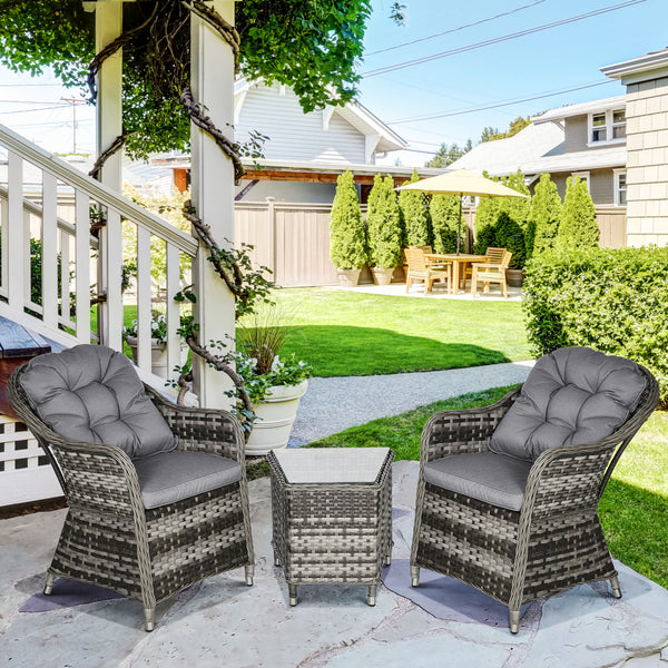 3 Pieces Rattan Bistro Set, Wicker Garden Bistro Set, Glass Top Balcony Table and Chairs with Cushions for Outdoor, Patio, Balcony, Grey