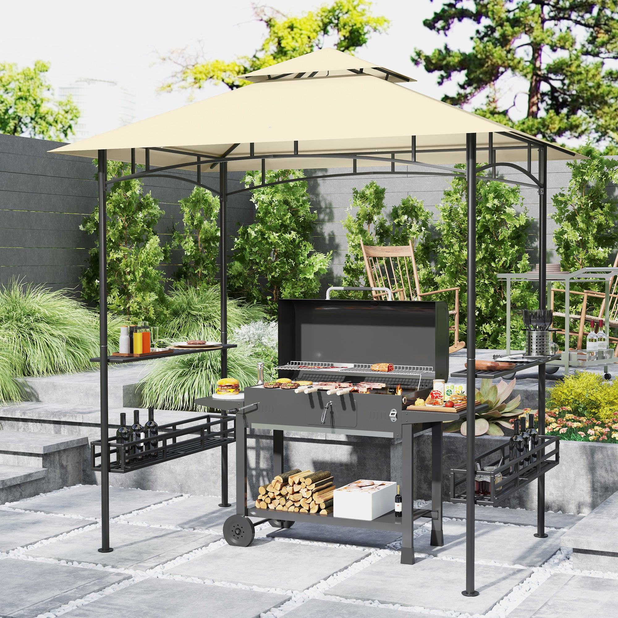 barbecue tent Outsunny 8' x 5' Grill Gazebo Canopy with 2 Side Shelves, Storage Baskets & Hook for BBQ, Picnic, Beige