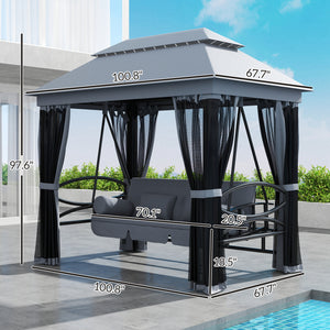 3-Seat Patio Swing Chair, Outdoor Gazebo Swing with Double Tier Canopy, Mesh Sidewalls, Cushioned Seat and Pillows, Gray