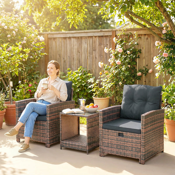 5 Piece Patio Furniture Set, Wicker Patio Chairs with Ottomans, 2-Tier Glass Coffee Table, Cushions, Outdoor Patio Furniture Conversation Set for Balcony, Brown/Dark Grey